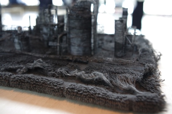 Detailed view of an ink-dyed towel used for "Out of Disorder (Toa Oil Company's Refinery 1)" by Takahiro Iwasaki, 2014